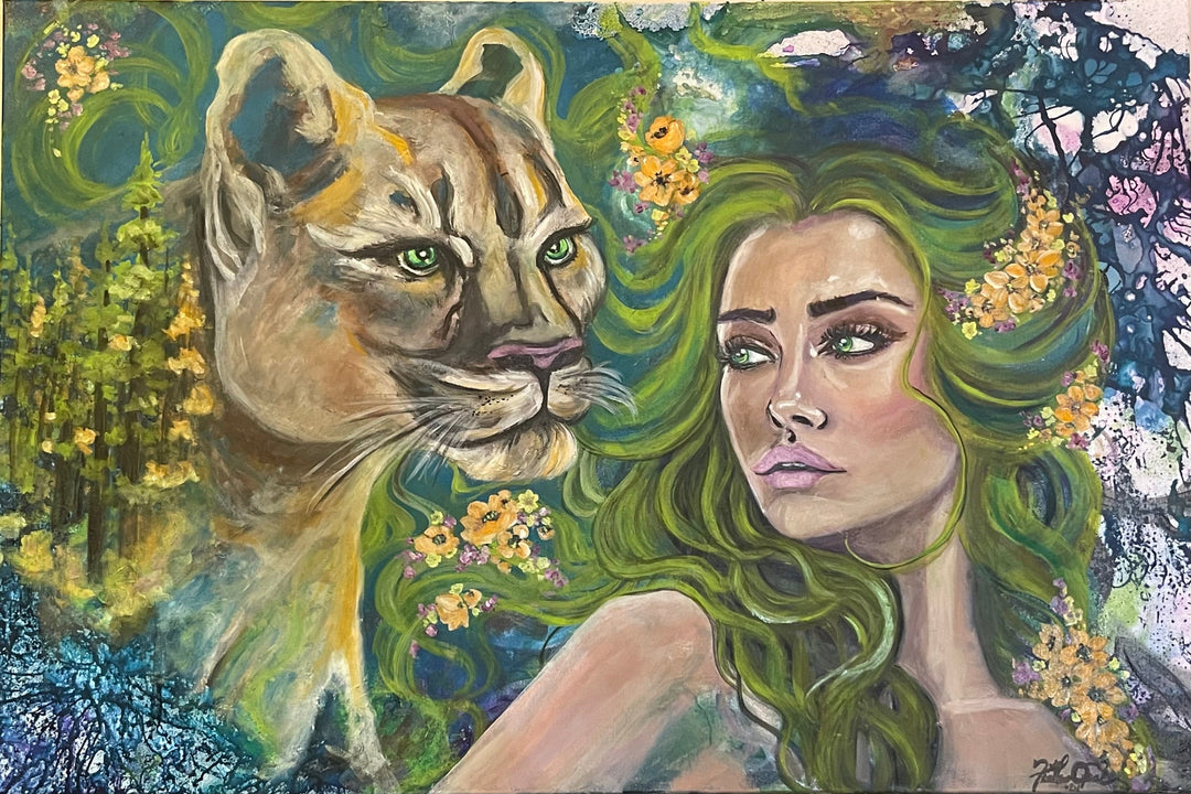 A painting featuring a mountain lion and a fairy-like character in a forest setting.